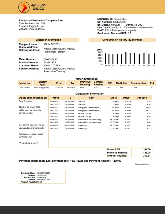 Palestine Electricity Distribution Company Gaza (GEDCO) utility bill template in Word and PDF format